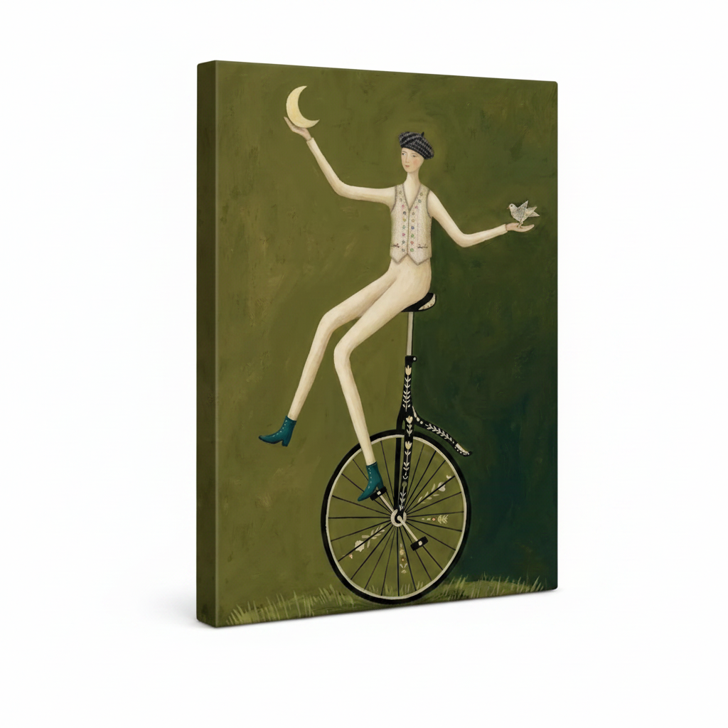 Gallery-wrap canvas of unicycle woman with moon and bird, olive green sides wrap around edges, white background