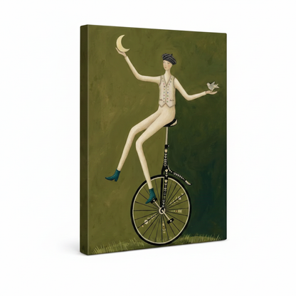 Gallery-wrap canvas of unicycle woman with moon and bird, olive green sides wrap around edges, white background