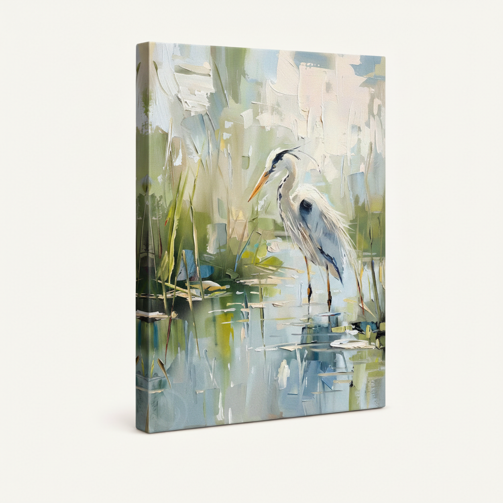 Gallery-wrapped frameless canvas – side angle view showing cool blue-white wrap on all edges