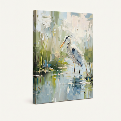 Gallery-wrapped frameless canvas – side angle view showing cool blue-white wrap on all edges