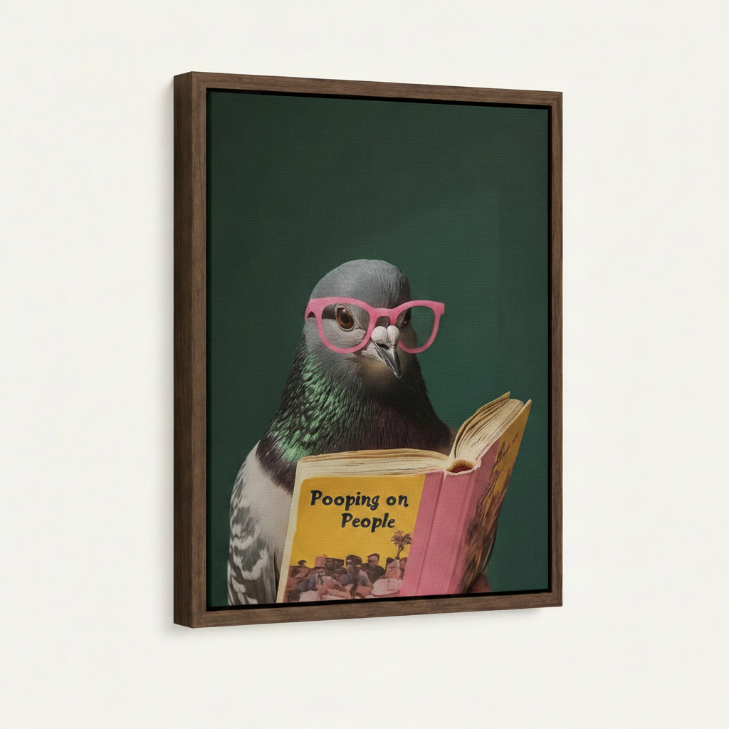 Framed canvas close-up of pigeon wearing pink glasses reading Pooping on People book – funny bird wall art