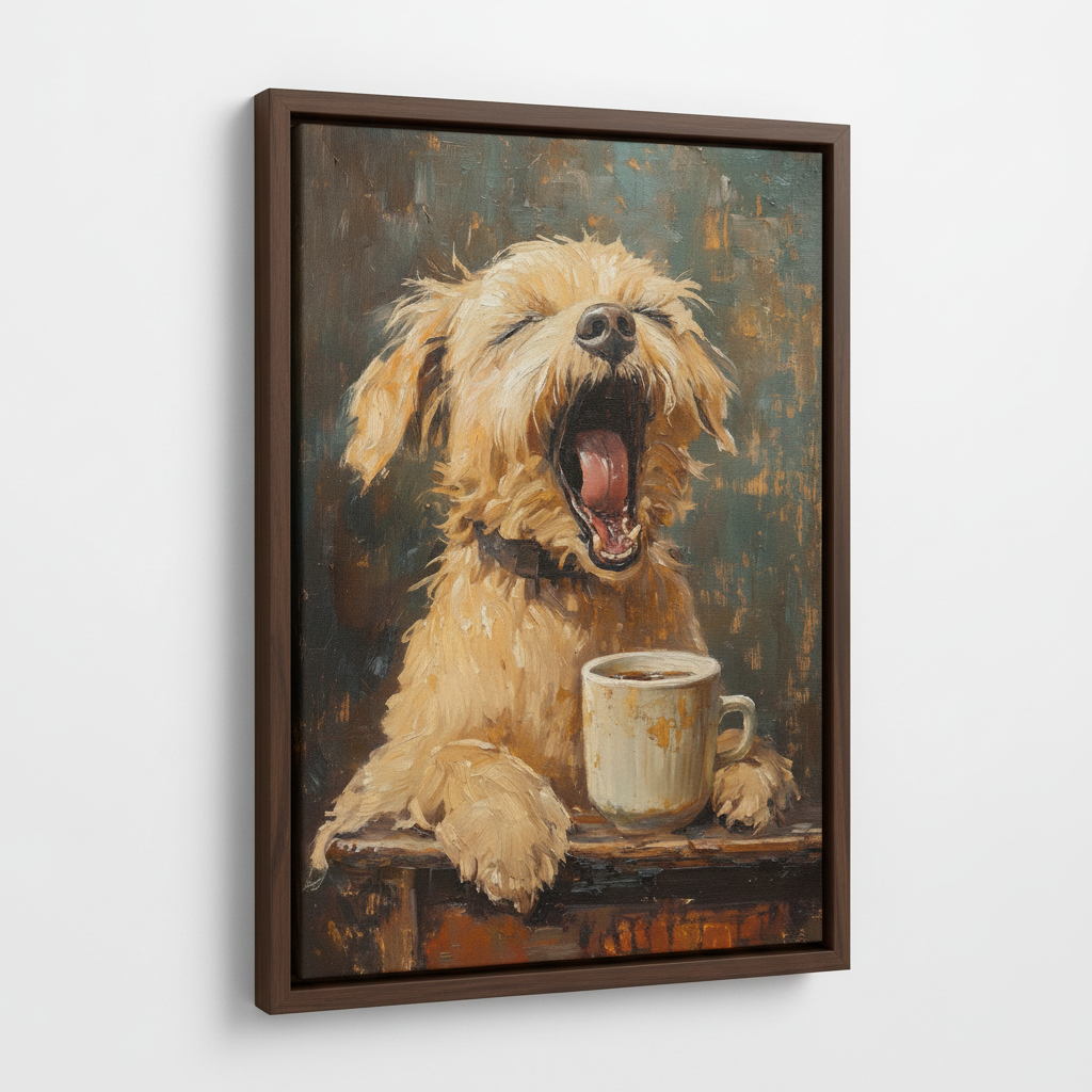 Dark walnut float frame canvas print of yawning dog with coffee mug on clean white background