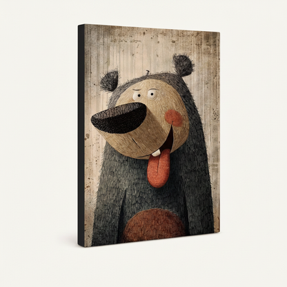 Stretched canvas goofy bear portrait side angle view showing canvas depth on off-white background