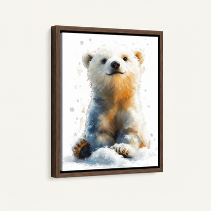 Dark walnut float frame canvas print of fluffy polar bear cub in snow on white background