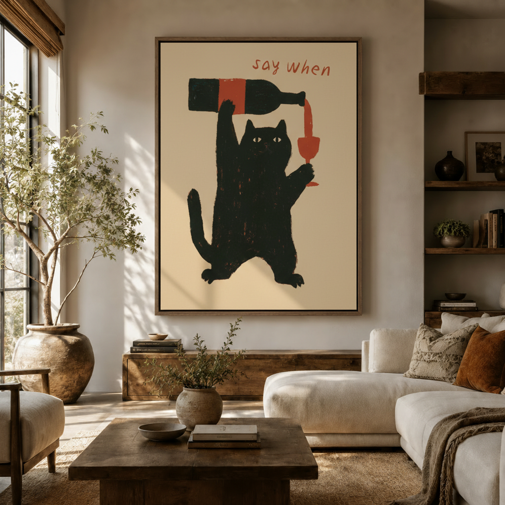 Large say when black cat canvas print hung above a white sofa in a bright modern living room