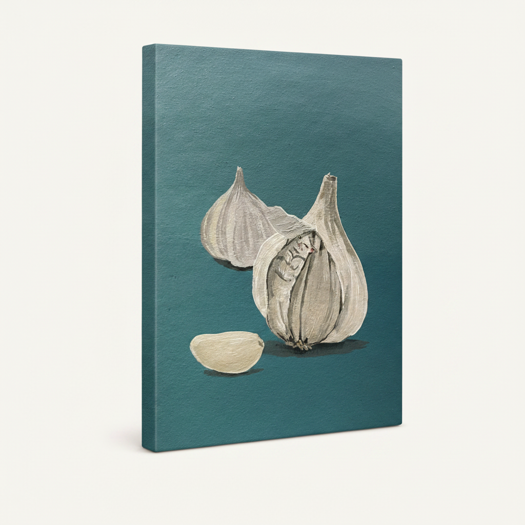Whimsical garlic still life gallery wrap stretched canvas side view on white background