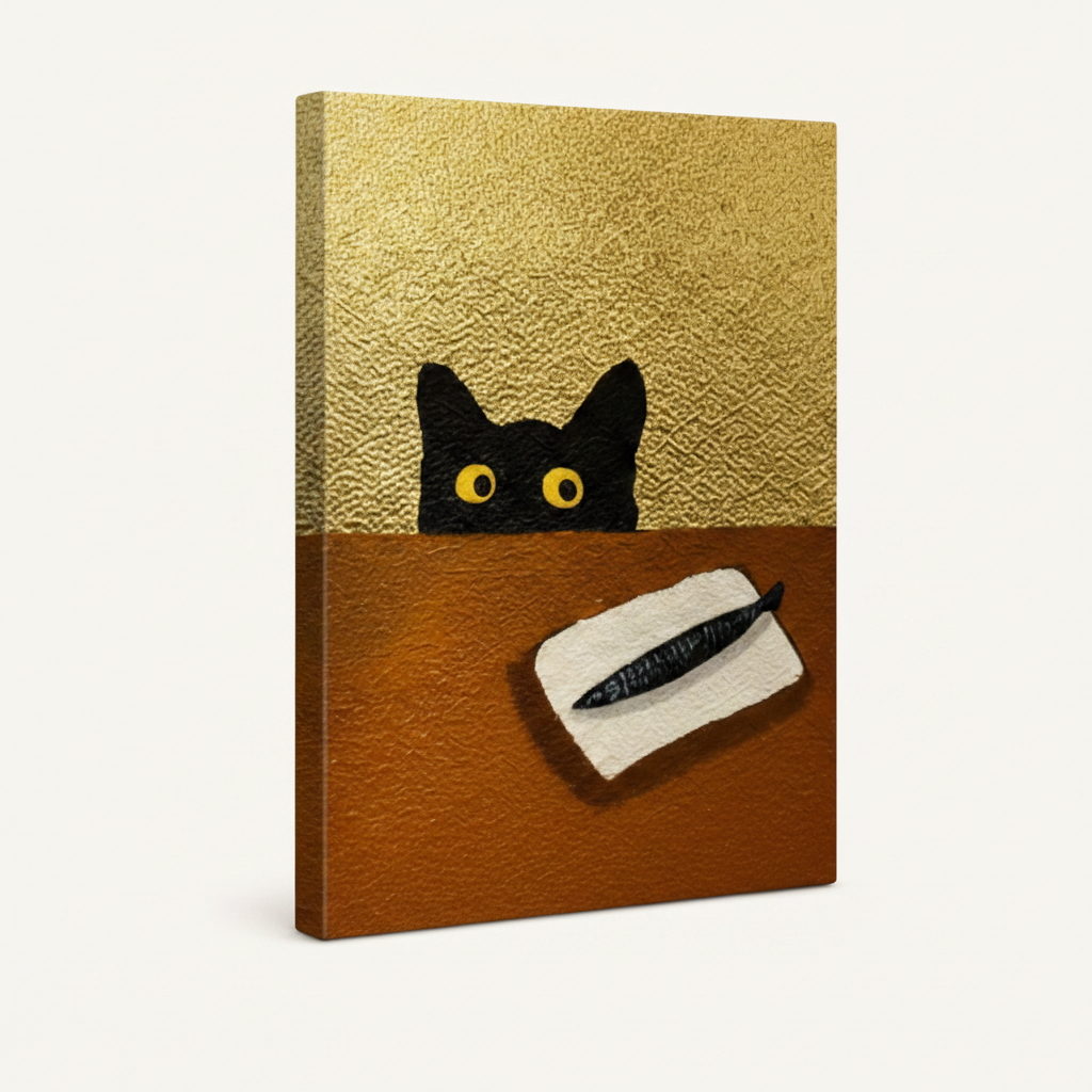 Stretched canvas gallery wrap of peeking black cat sardine art, side angle view on cream background