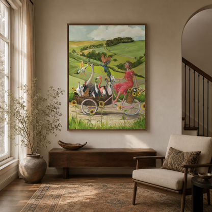 Colorful cycling birds canvas wall art in entryway – whimsical woman biking illustration as joyful welcoming hallway statement piece by Aurewall