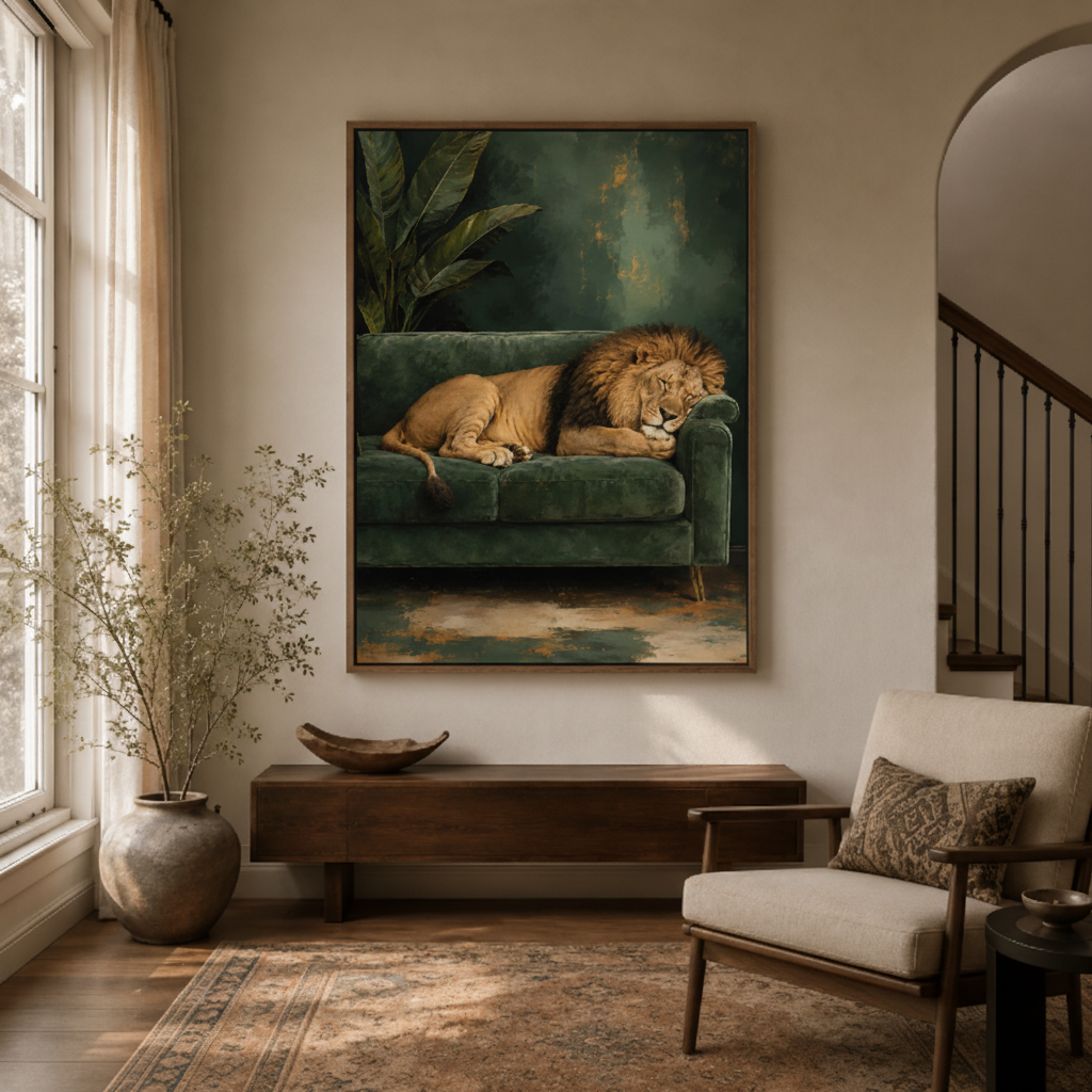 Lion on sofa canvas wall art in entryway – funny classical wildlife oil painting as witty luxurious hallway conversation piece by Aurewall