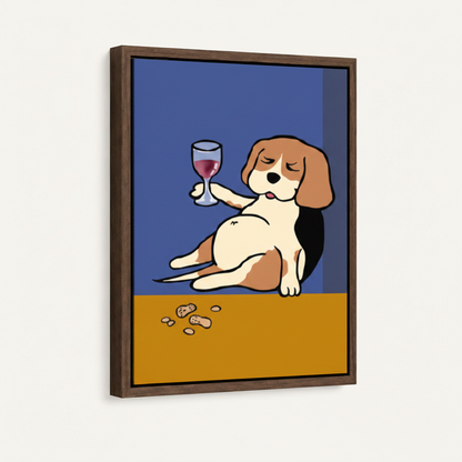 Floating frame canvas of funny beagle pop art illustration with dark walnut wood frame, side angle view