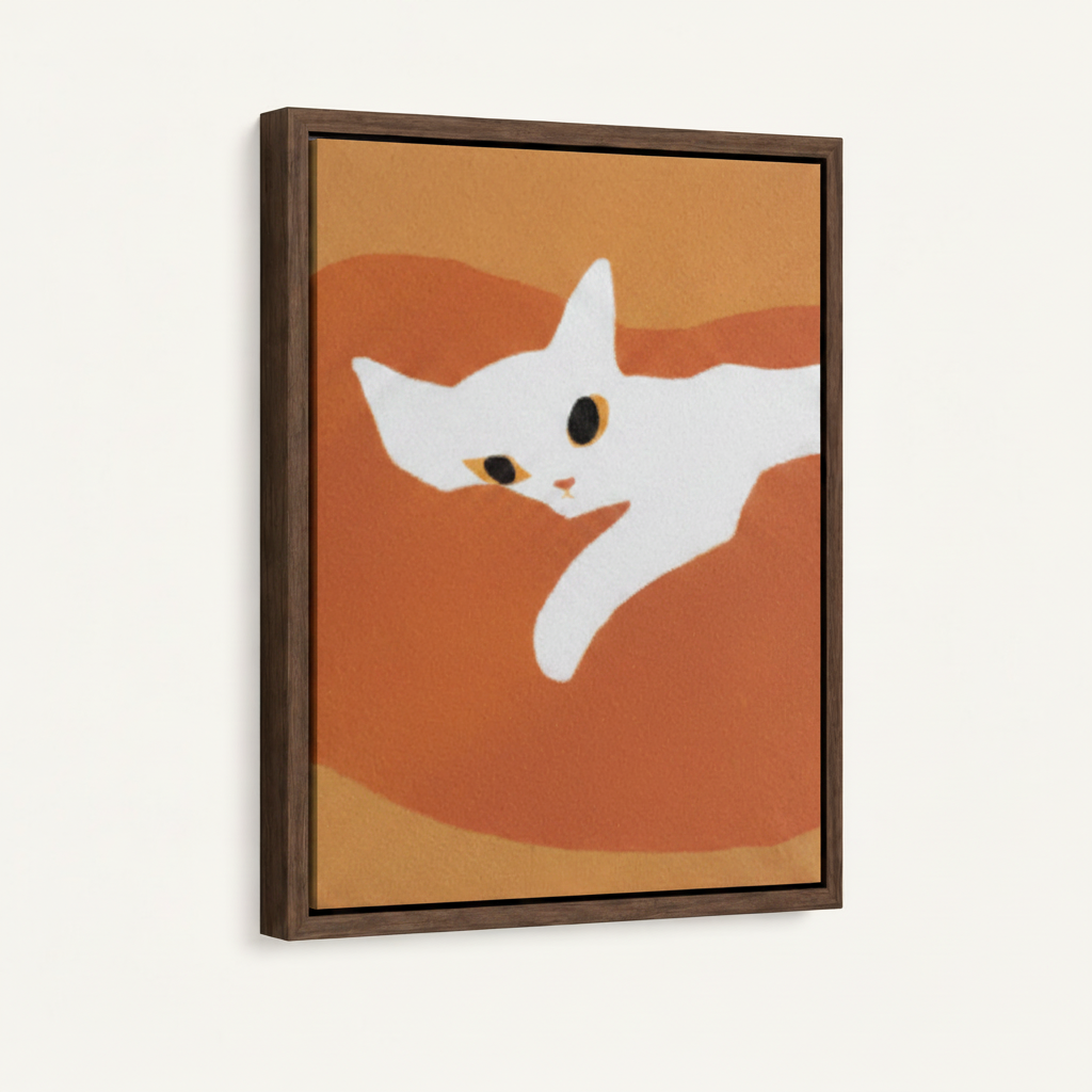Dark walnut float frame canvas featuring minimalist white cat flat illustration on terracotta orange background