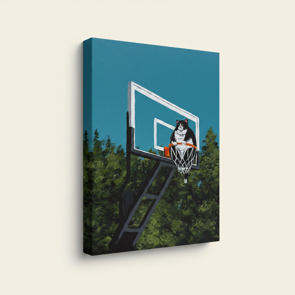 Fat tuxedo cat in basketball hoop illustration on gallery-wrapped canvas with artwork-wrapped edges