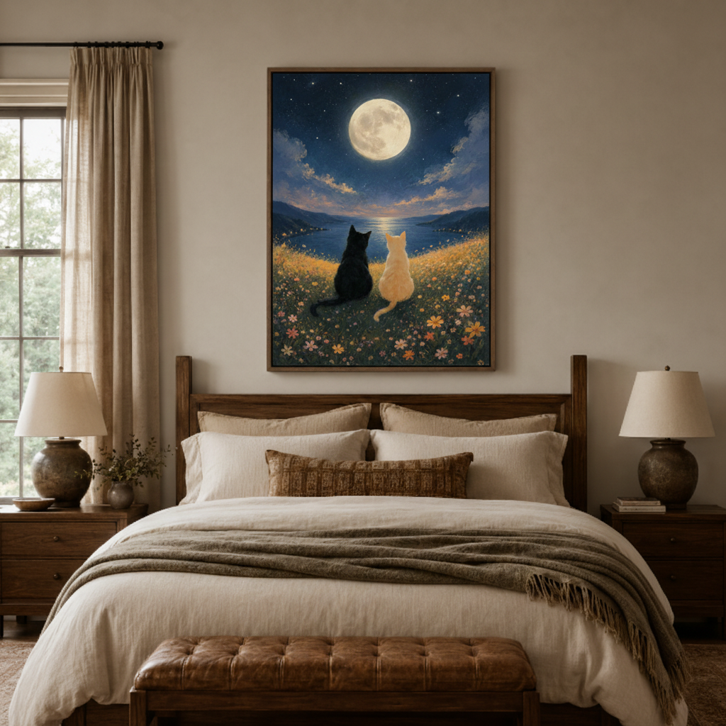 Dreamy black cat moon canvas print in bedroom – night sky illustration with black cat in wildflowers as calming wall decor above bed by Aurewall