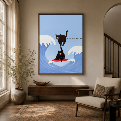 Surfing cat ocean canvas wall art in entryway – funny black cat surfboard illustration as cheerful welcoming hallway statement piece by Aurewall