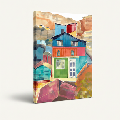 Gallery wrap canvas print of colorful coastal village watercolor painting at 45-degree angle