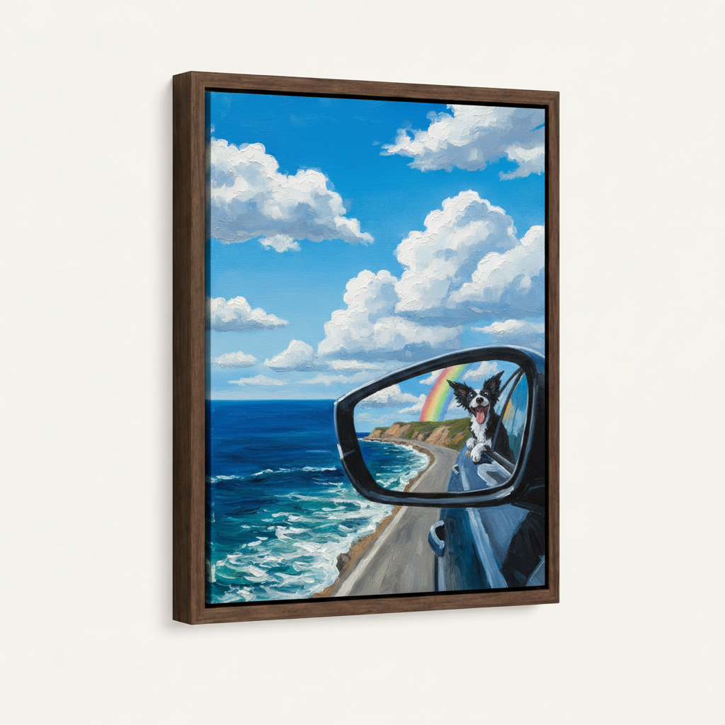 Dark walnut float frame canvas featuring impasto oil painting of Border Collie road trip with rainbow
