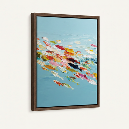 Colorful fish impasto canvas art in dark walnut float frame on clean off-white background