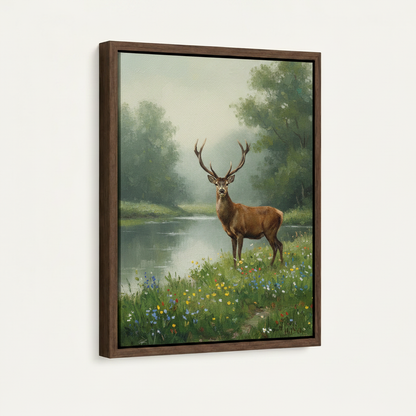 Framed canvas close-up of majestic stag by riverside wildflowers – nature oil painting wall art by Aurewall