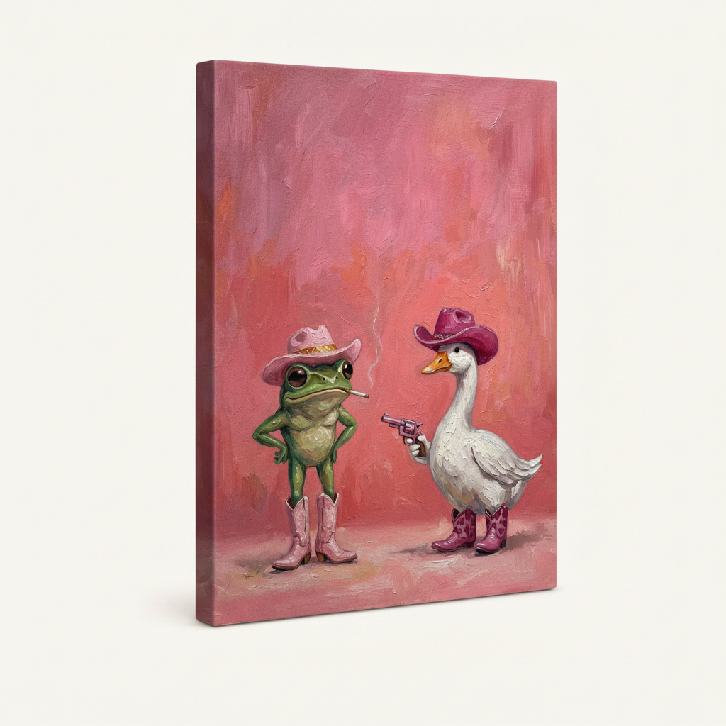 Funny pink cowboy frog duck canvas print – whimsical western animal wall art, unframed eclectic home decor by Aurewall