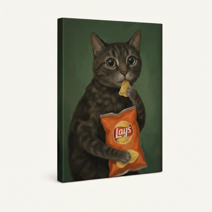 Gallery-wrapped stretched canvas of funny cat eating chips, angled side view showing canvas depth on white background