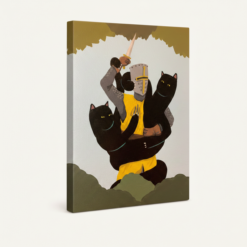Epic knight and black cats canvas gallery-wrapped stretched canvas, 3/4 side view with light grey wrap edges