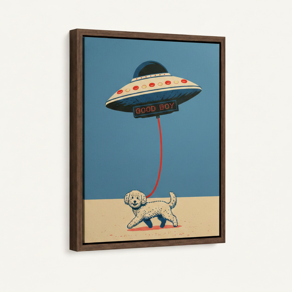 Framed retro pop art canvas print with dark walnut floating frame on clean white background