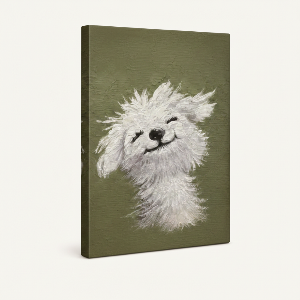 Happy dog olive green background gallery wrap canvas, portrait orientation white background product mockup