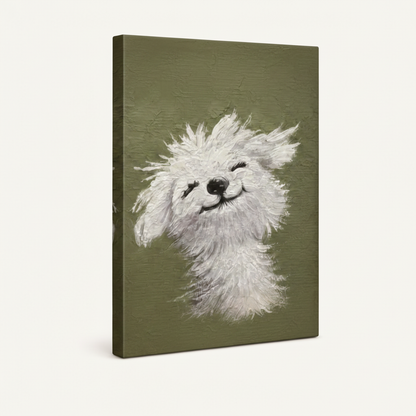 Happy dog olive green background gallery wrap canvas, portrait orientation white background product mockup