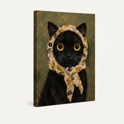 Gallery wrap canvas of whimsical black cat portrait, frameless angled view showing painted edges