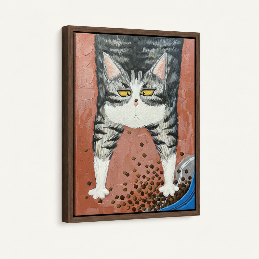 Tabby cat kibble canvas print in dark walnut floating frame shown at 3/4 angle on white background