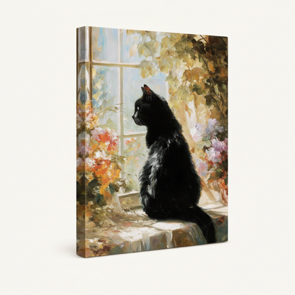 Gallery-wrapped black cat window floral oil painting canvas, side wrap visible, white background product shot
