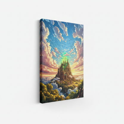 Epic fantasy castle stretched canvas print – unframed magical sky illustration with birds and glowing cloud sea by Aurewall