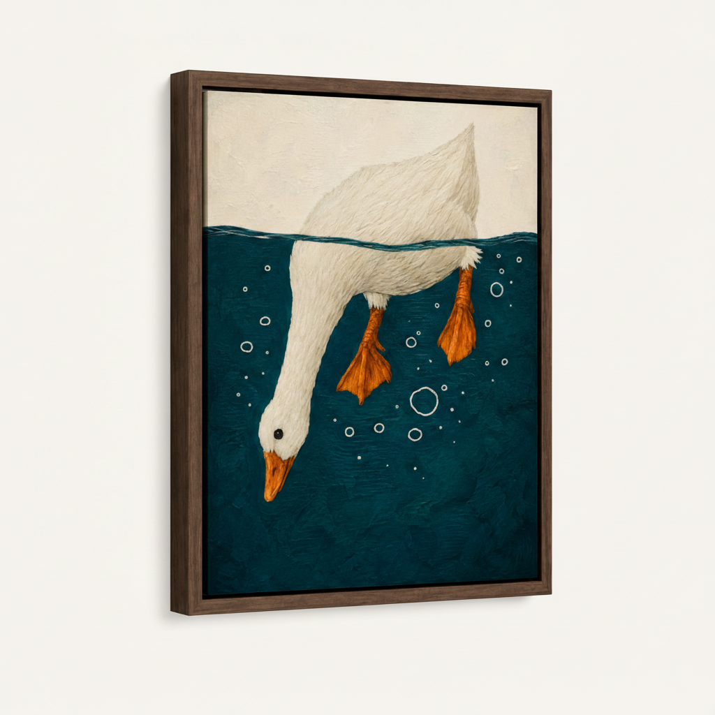 Diving goose canvas art in dark walnut float frame, three-quarter product view on white background