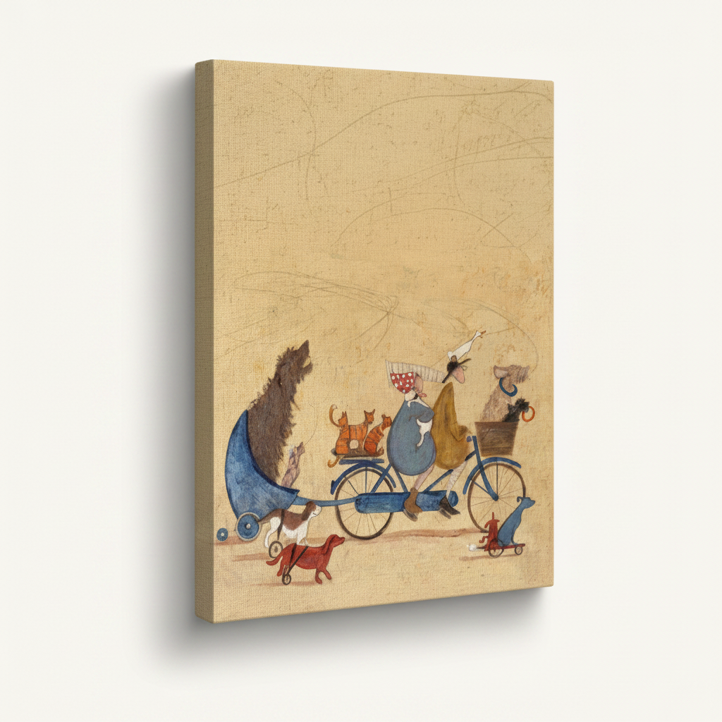 Vintage whimsical animal bicycle stretched canvas print – unframed retro illustration with dressed animals riding bicycle and small dog following by Aurewall