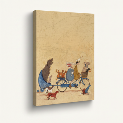 Vintage whimsical animal bicycle stretched canvas print – unframed retro illustration with dressed animals riding bicycle and small dog following by Aurewall