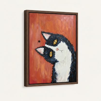 Tuxedo cat spider canvas print in dark walnut floating frame shown at 3/4 angle on white background