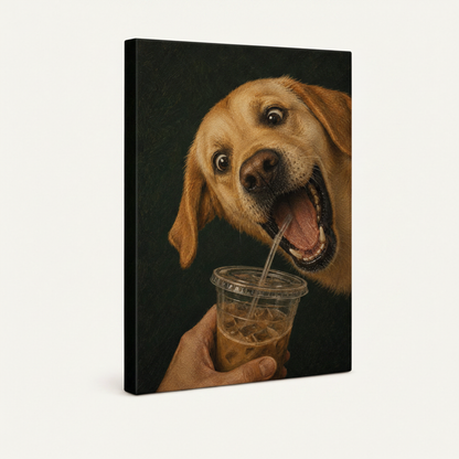 Side view of stretched canvas showing gallery-wrap depth with Labrador iced coffee artwork on dark background