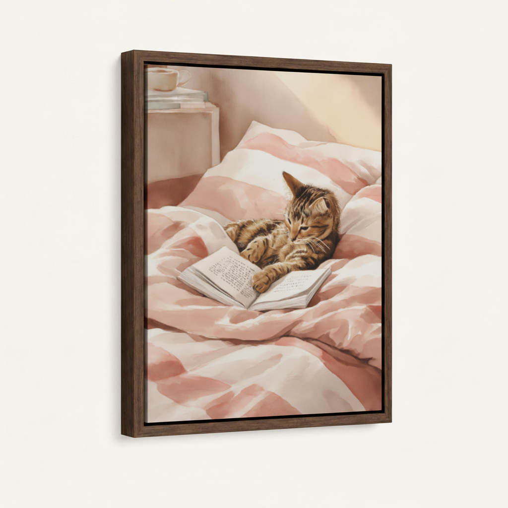 Framed cozy cat canvas print with dark walnut float frame, cat reading book wall art detail view