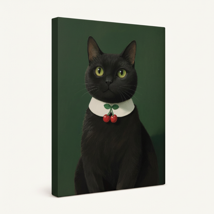 Gallery wrap black cat canvas wall art on white background showing side depth