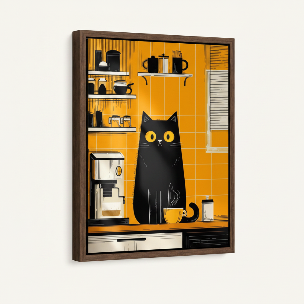 Dark walnut float frame canvas print of black cat with yellow coffee cup on white background