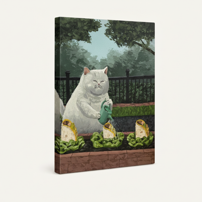 Whimsical cat taco garden gallery-wrapped stretched canvas, 3/4 side view with green wrap edges
