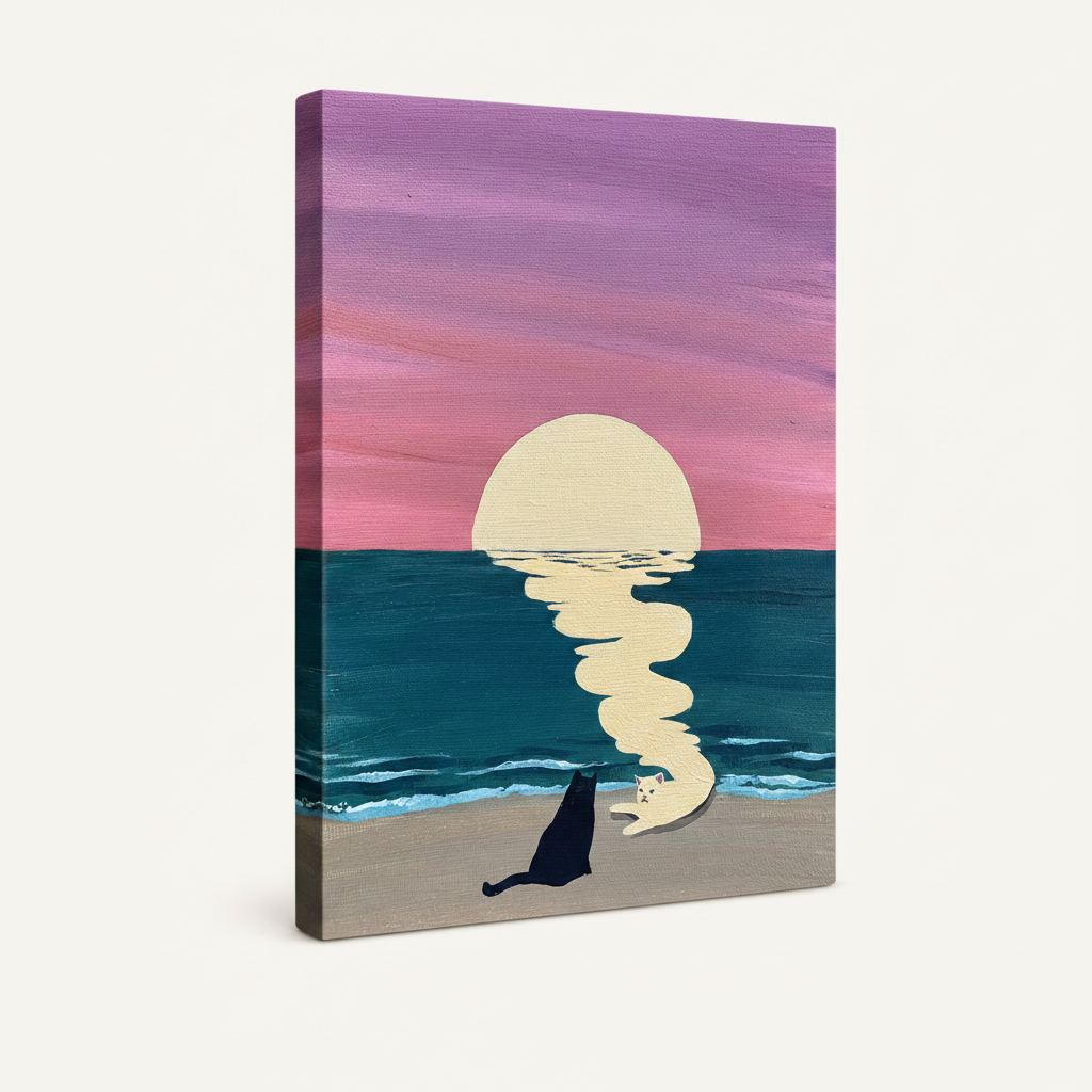 Gallery-wrapped sunset cats canvas showing portrait orientation and side wrap detail on white background