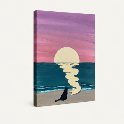 Gallery-wrapped sunset cats canvas showing portrait orientation and side wrap detail on white background