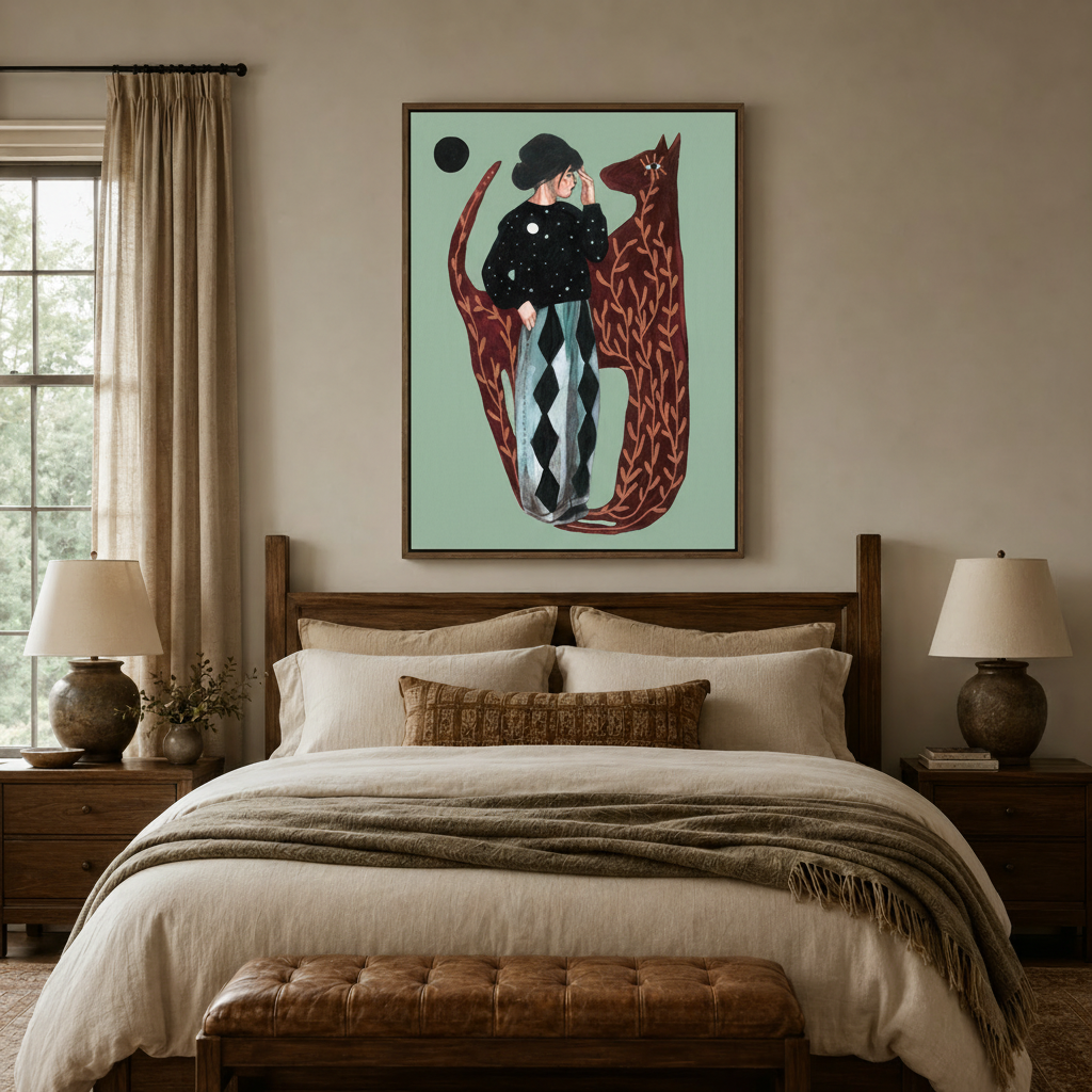 Sage green whimsical canvas art above a dark walnut bed headboard in a warm neutral bedroom