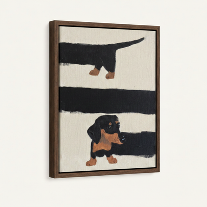Abstract dachshund framed canvas art at an angle, bold black brushstrokes on cream, walnut wood float frame