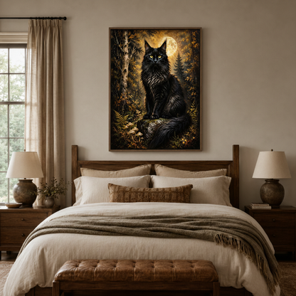 Dark gothic black cat canvas print in bedroom – baroque oil painting with black cat in moonlit forest as mysterious wall decor above bed by Aurewall