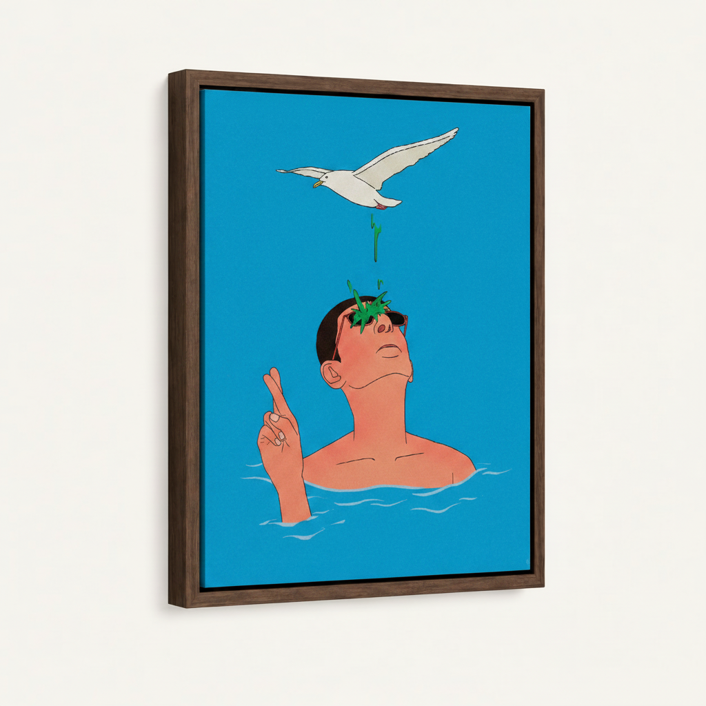  Fingers crossed seagull illustration in wood float frame, front-facing product photography
