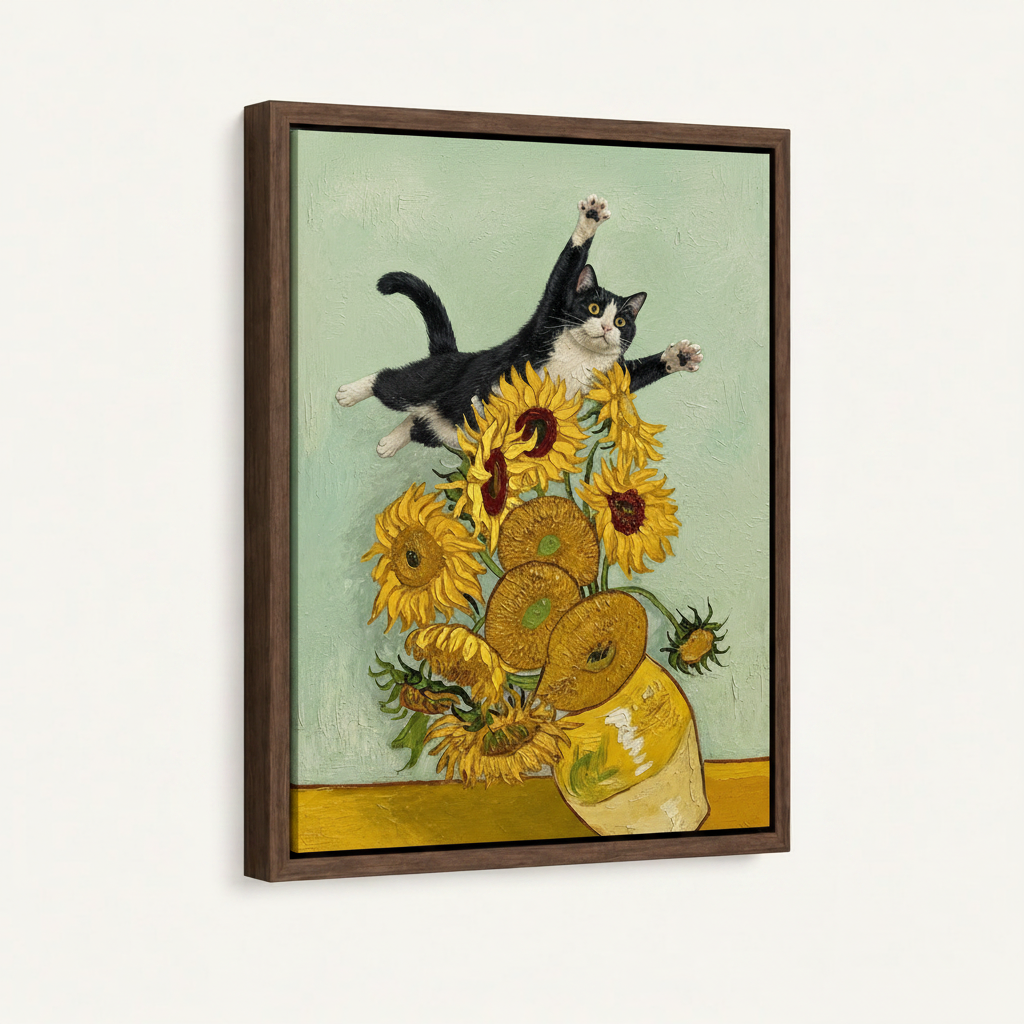 Van Gogh style cat sunflower canvas in dark walnut float frame, angled product view on white background