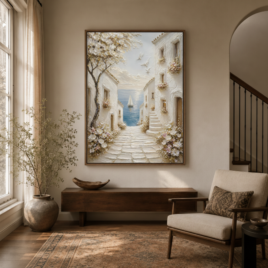 Mediterranean village canvas wall art in entryway – textured oil painting with cobblestone steps and blooming trees as elegant hallway statement piece by Aurewall
