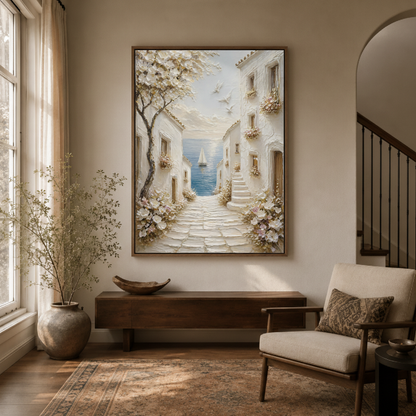 Mediterranean village canvas wall art in entryway – textured oil painting with cobblestone steps and blooming trees as elegant hallway statement piece by Aurewall